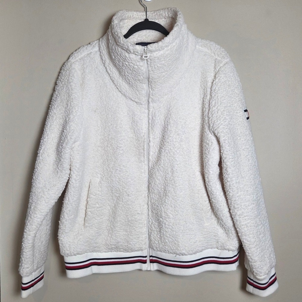 Tommy Hilfiger Sherpa Jacket Large White Funnel Neck Zip Up Sporty Preppy Cozy